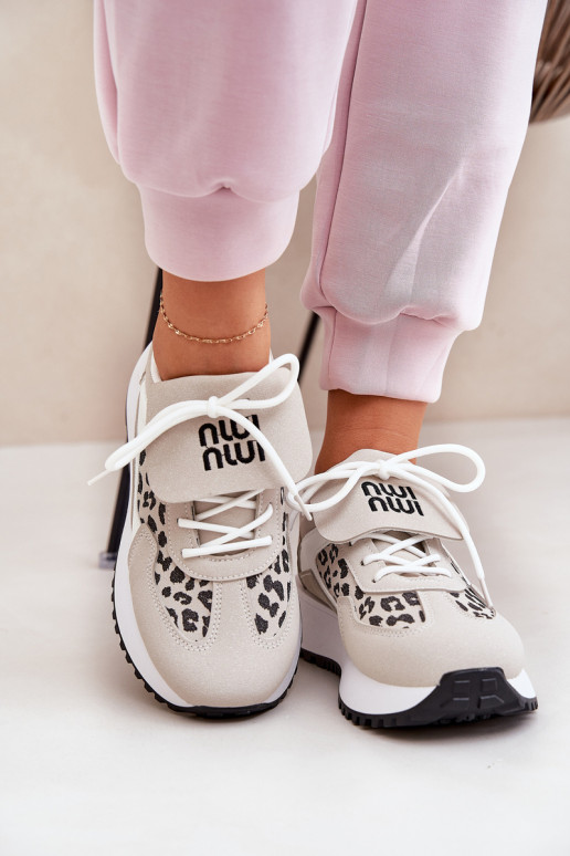 sportiniai bateliai Sneakers modelio batai Moteriškas su platforma su leopardo kailio raštais Baltos-smėlio spalvos Pumbes sportiniai bateliai Sneakers modelio batai Moteriškas su platforma su leopardo kailio raštais Baltos-smėlio spalvos Pumbes