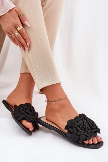 Moteriškos šlepetės su plačiais kulniukais Su puošniaisi su gėlių motyvaisami juodos spalvos Misorsse