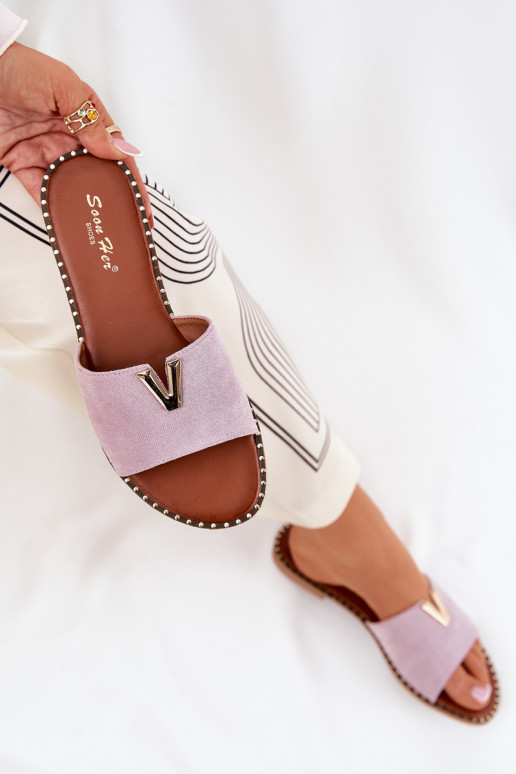 Moteriškos šlepetės su plačiais kulniukais Su puošniaisi Detalami Violetinės spalvos Saliena