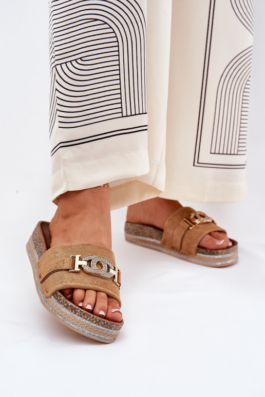 Moteriškos šlepetės Ze aukso spalvosm Detalem su platforma su blizgesiu rudos spalvos Eanes