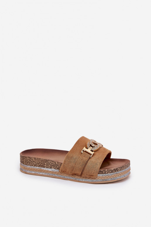 Moteriškos šlepetės Ze aukso spalvosm Detalem su platforma su blizgesiu rudos spalvos Eanes