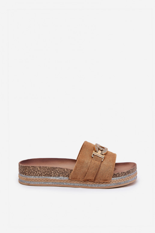 Moteriškos šlepetės Ze aukso spalvosm Detalem su platforma su blizgesiu rudos spalvos Eanes