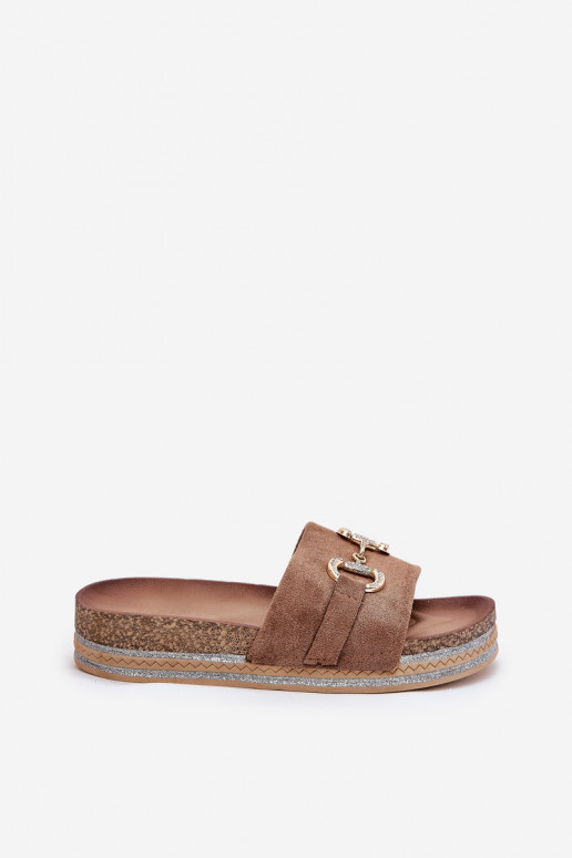 Moteriškos šlepetės su platforma su aukso spalvos detalėmis Ir blizgučiai chaki spalvos Morisela