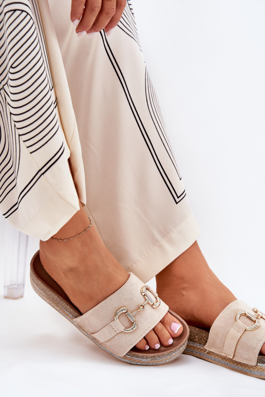 Moteriškos šlepetės su platforma su aukso spalvos detalėmis Ir blizgučiai smėlio spalvos Morisela