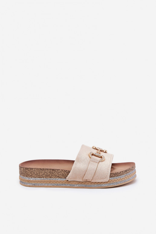 Moteriškos šlepetės su platforma su aukso spalvos detalėmis Ir blizgučiai smėlio spalvos Morisela