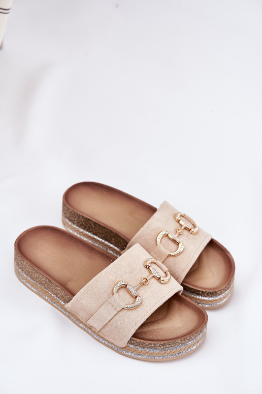 Moteriškos šlepetės su platforma su aukso spalvos detalėmis Ir blizgučiai smėlio spalvos Morisela