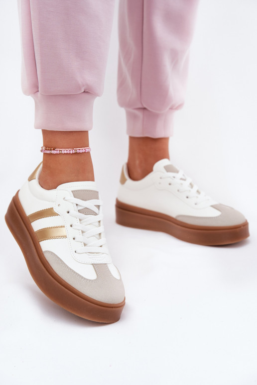 Sneakers modelio batai Moteriškas su platforma iš eko odos Baltos-aukso spalvos Elaraven Sneakers modelio batai Moteriškas su platforma iš eko odos Baltos-aukso spalvos Elaraven