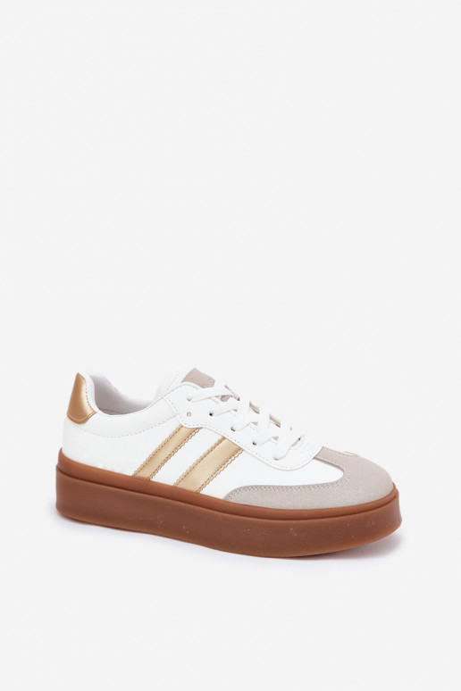 Sneakers modelio batai Moteriškas su platforma iš eko odos Baltos-aukso spalvos Elaraven Sneakers modelio batai Moteriškas su platforma iš eko odos Baltos-aukso spalvos Elaraven