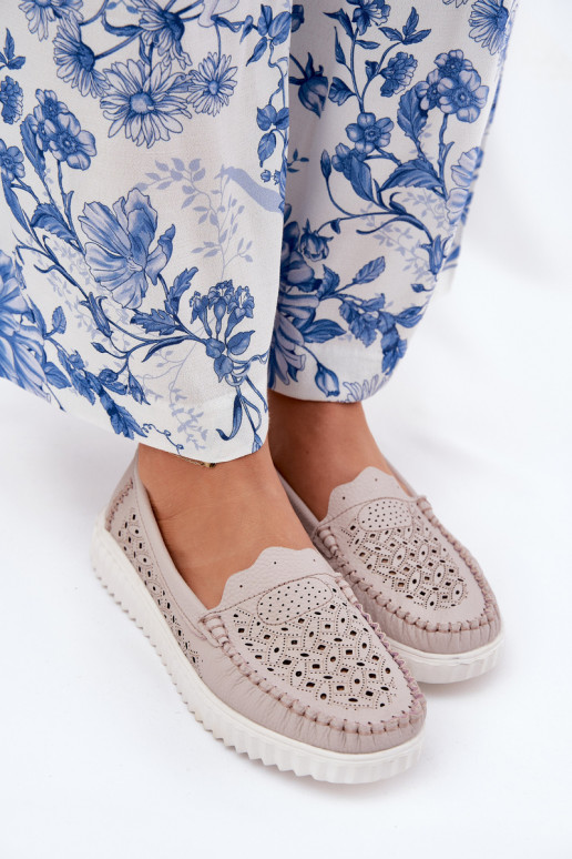 Oda moteriški mokasinai su ažūro elementais Vinceza 88028 smėlio spalvos