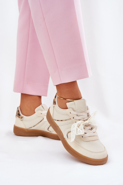 Žemi sneaker modelio batai Moteriškos su nėriniais ir leopardų raštais smėlio spalvos Zielle Žemi sneaker modelio batai Moteriškos su nėriniais ir leopardų raštais smėlio spalvos Zielle