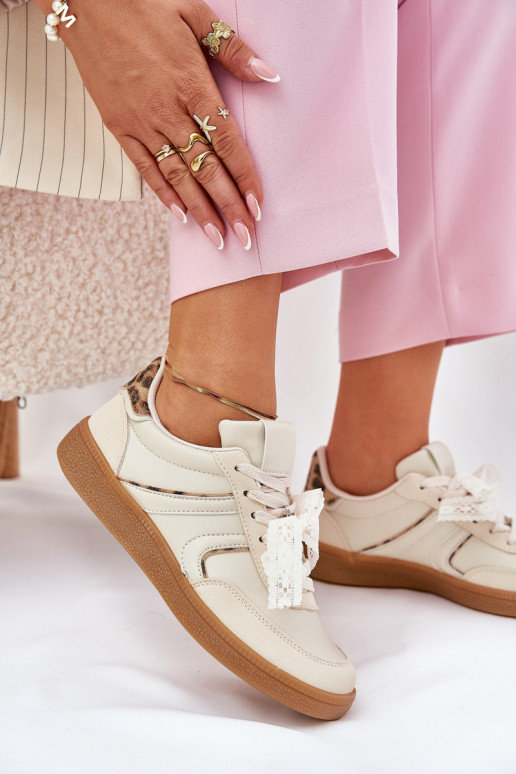Žemi sneaker modelio batai Moteriškos su nėriniais ir leopardų raštais smėlio spalvos Zielle Žemi sneaker modelio batai Moteriškos su nėriniais ir leopardų raštais smėlio spalvos Zielle