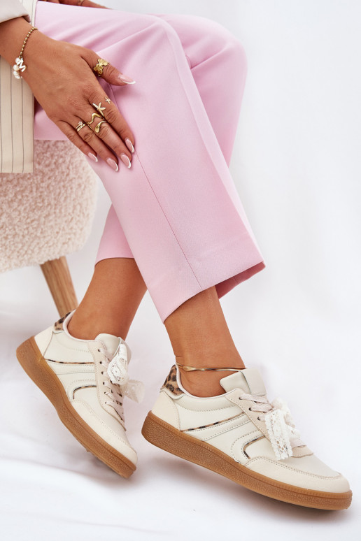 Žemi sneaker modelio batai Moteriškos su nėriniais ir leopardų raštais smėlio spalvos Zielle Žemi sneaker modelio batai Moteriškos su nėriniais ir leopardų raštais smėlio spalvos Zielle