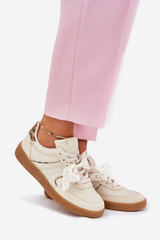 Žemi sneaker modelio batai Moteriškos su nėriniais ir leopardų raštais smėlio spalvos Zielle Žemi sneaker modelio batai Moteriškos su nėriniais ir leopardų raštais smėlio spalvos Zielle