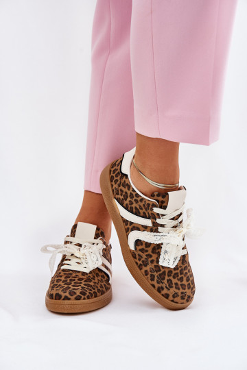 Žemi sneaker modelio batai Moteriškos su nėriniais ir leopardų raštais rudos spalvos Zielle