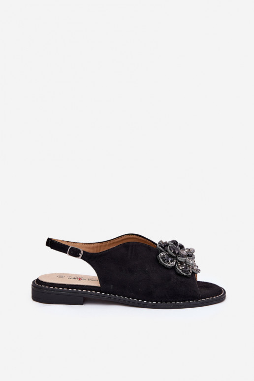 Moteriškos basutės su plačiais kulniukais su ornamentais S.Barski KV27-001 juodos spalvos