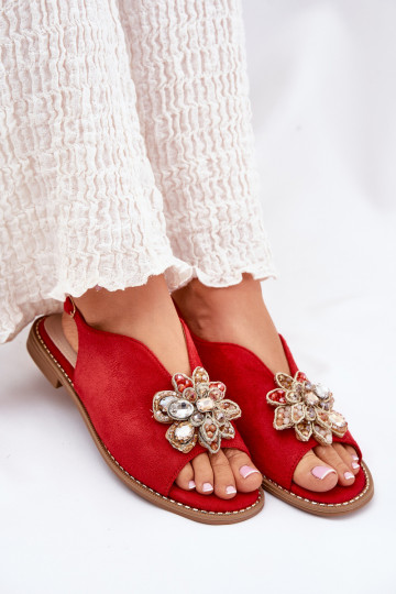 Moteriškos basutės su plačiais kulniukais su ornamentais S.Barski KV27-001 raudonos spalvos