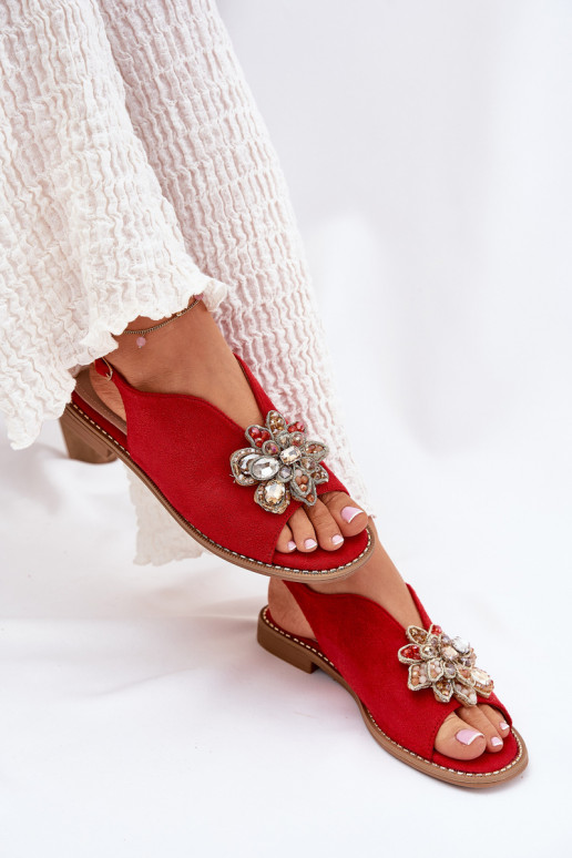 Moteriškos basutės su plačiais kulniukais su ornamentais S.Barski KV27-001 raudonos spalvos