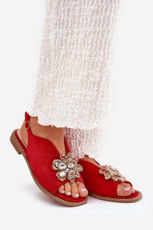 Moteriškos basutės su plačiais kulniukais su ornamentais S.Barski KV27-001 raudonos spalvos