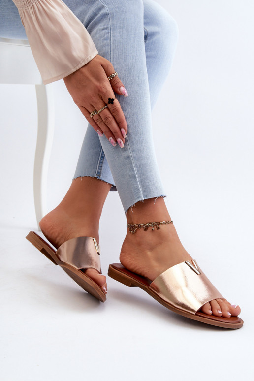 Moteriškos šlepetės Eko Oda su plačiais kulniukais aukso spalvos Tai turiliha