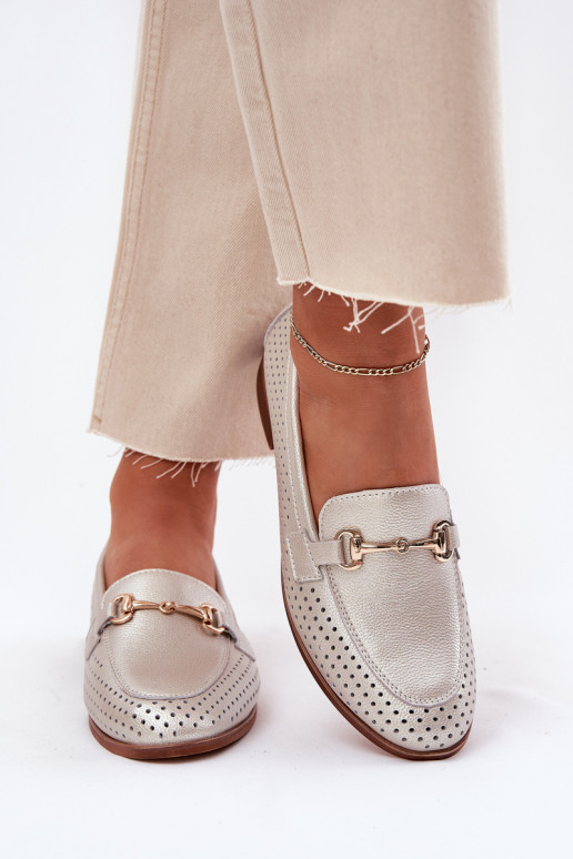 Oda moteriški mokasinai su ornamentais su plačiais kulniukais S.Barski LR51-594 sidabro spalvos