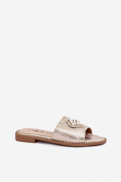 Moteriškos šlepetės su plačiais kulniukais Su puošniais Detalem S.Barski KV51-087 aukso spalvos