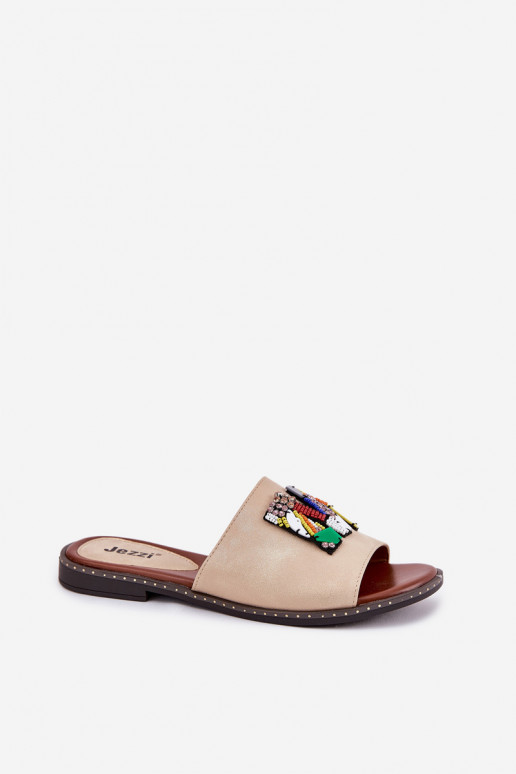 Moteriškos šlepetės su plačiais kulniukais su ornamentais aukso spalvos Clelione