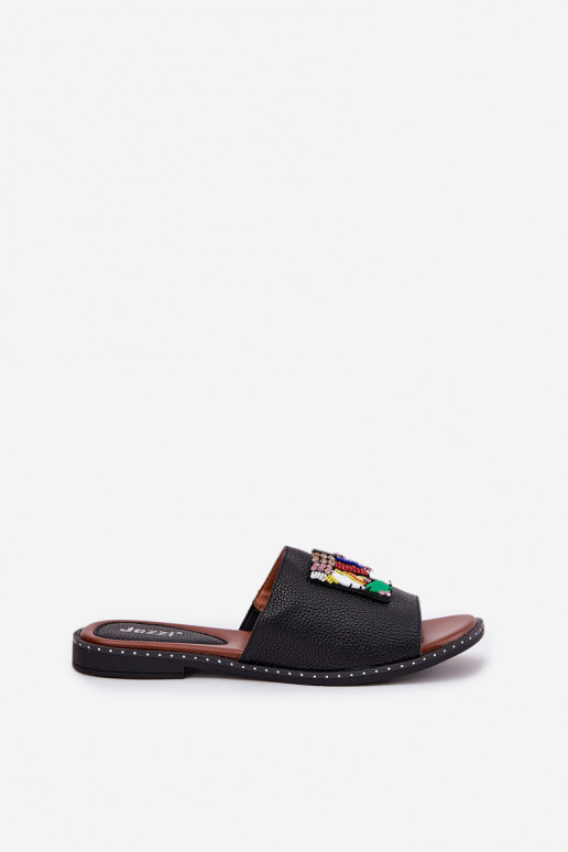 Moteriškos šlepetės su plačiais kulniukais su ornamentais juodos spalvos Clelione