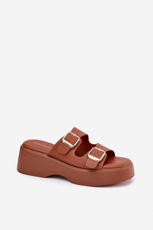 Moteriškos šlepetės Ant pleišto ir platforma su sagtimis rudos spalvos Nitarelia