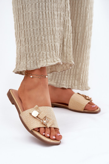 Moteriškos šlepetės su plačiais kulniukais su kaspinais smėlio spalvos Sallariela 2