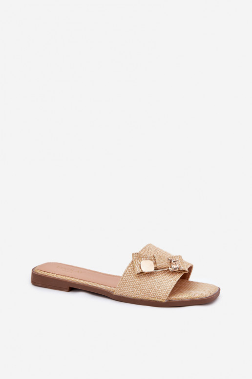 Moteriškos šlepetės su plačiais kulniukais su kaspinais smėlio spalvos Sallariela