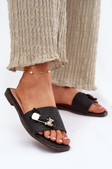 Moteriškos šlepetės su plačiais kulniukais su kaspinais juodos spalvos Sallariela