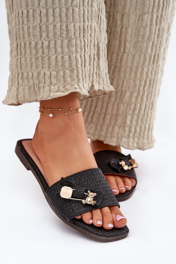 Moteriškos šlepetės su plačiais kulniukais su kaspinais juodos spalvos Sallariela 2