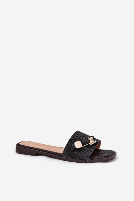 Moteriškos šlepetės su plačiais kulniukais su kaspinais juodos spalvos Sallariela