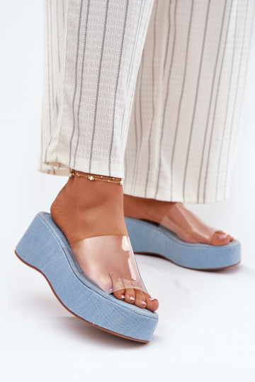 Moteriškos šlepetės Z Transparentnym Juostelėsem Ant pleišto Džinso medžiagos Meltiana