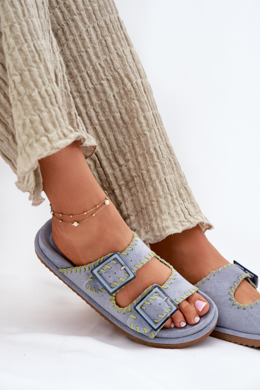 Moteriškos šlepetės su sagtimis I Ozdobnym Obszyciem mėlynos spalvos Visley