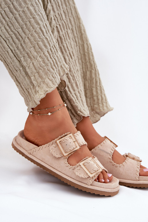 Moteriškos šlepetės su sagtimis I Ozdobnym Obszyciem smėlio spalvos Visley