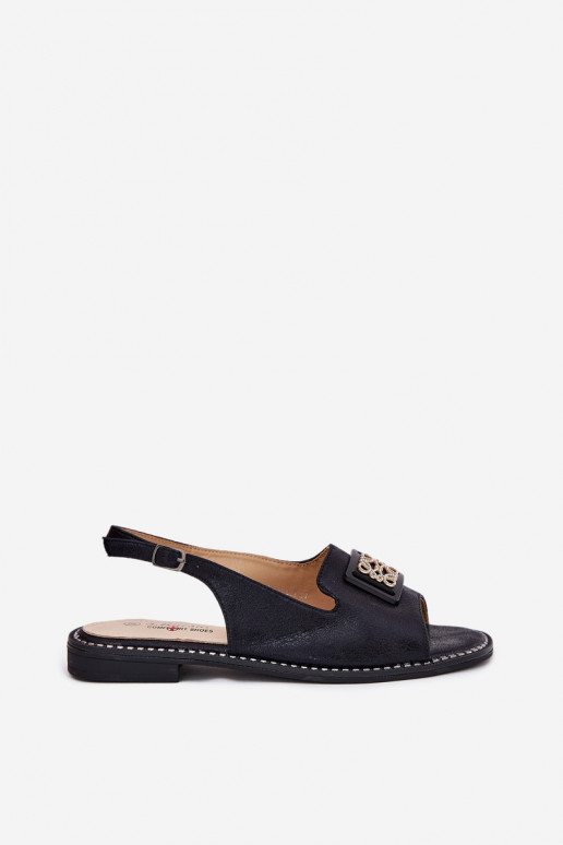 Elegantiško stiliaus Moteriškos basutės su plačiais kulniukais su ornamentais S.Barski KV51-082 juodos spalvos