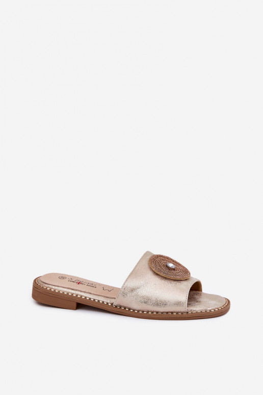 Moteriškos šlepetės su plačiais kulniukais su ornamentais S.Barski KV51-013 aukso spalvos