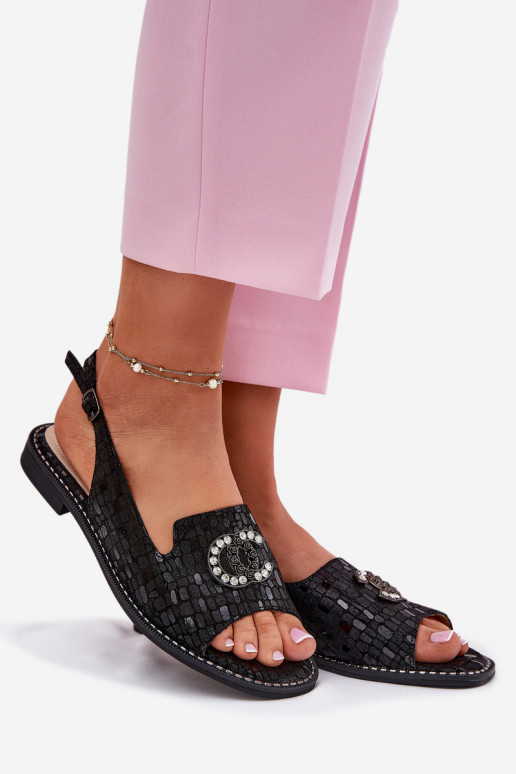 Moteriškos basutės su ornamentais su plačiais kulniukais S.Barski KV51-096 juodos spalvos