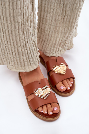 Moteriškos šlepetės su plačiais kulniukais su aukso spalvos detalėmis rudos spalvos Karinma 2