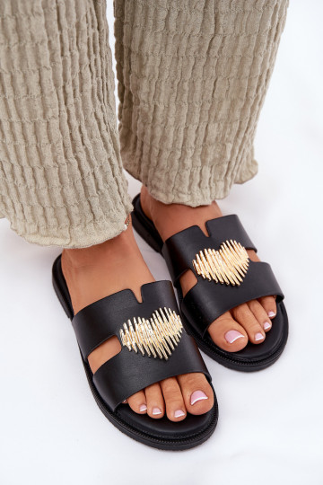 Moteriškos šlepetės su plačiais kulniukais su aukso spalvos detalėmis juodos spalvos Karinma