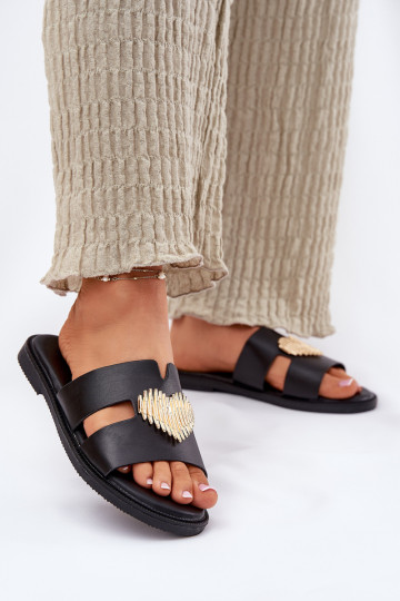 Moteriškos šlepetės su plačiais kulniukais su aukso spalvos detalėmis juodos spalvos Karinma 2