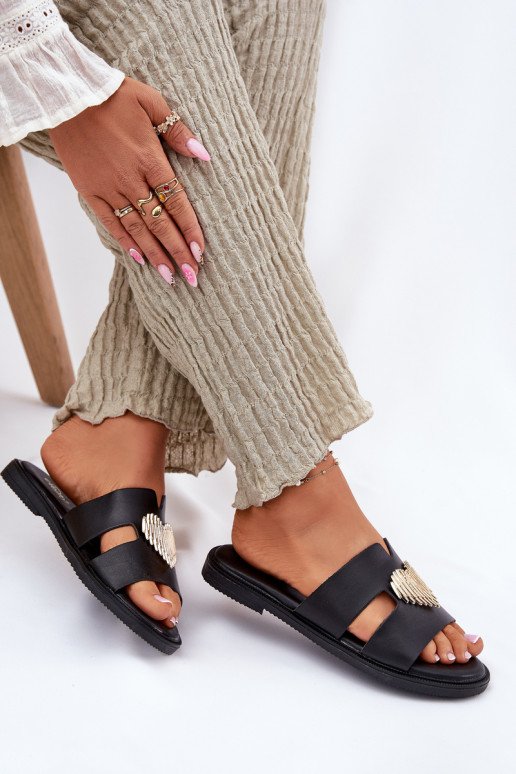 Moteriškos šlepetės su plačiais kulniukais su aukso spalvos detalėmis juodos spalvos Karinma