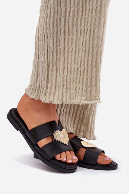 Moteriškos šlepetės su plačiais kulniukais su aukso spalvos detalėmis juodos spalvos Karinma