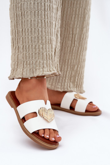 Moteriškos šlepetės su plačiais kulniukais su aukso spalvos detalėmis baltos spalvos Karinma 2