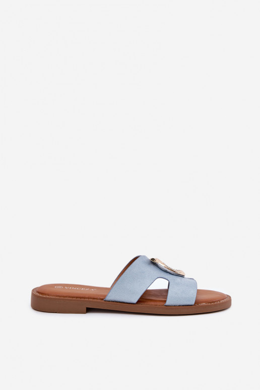 Moteriškos šlepetės su plačiais kulniukais su ornamentais Vinceza 17381 mėlynos spalvos