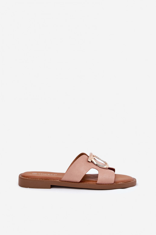 Moteriškos šlepetės su plačiais kulniukais su ornamentais Vinceza 17381 smėlio spalvos