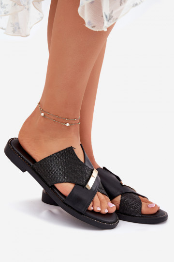 Moteriškos plokščios šlepetės Su puošniais Detalem Vinceza 17385 juodos spalvos 2