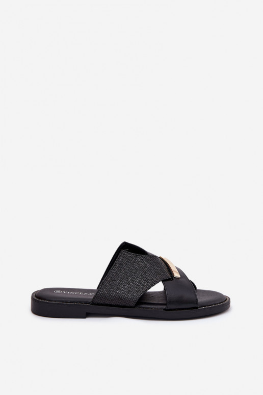 Moteriškos plokščios šlepetės Su puošniais Detalem Vinceza 17385 juodos spalvos