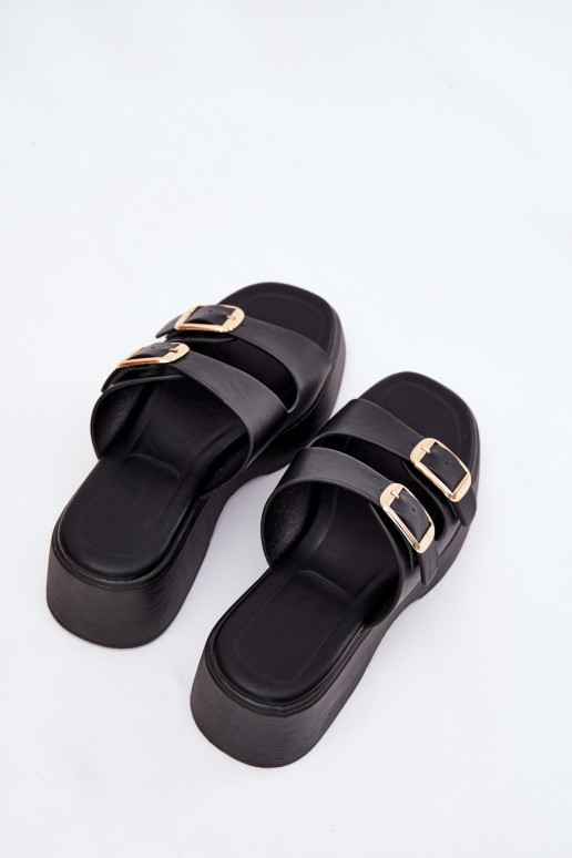 Moteriškos šlepetės Ant pleišto ir platforma su sagtimis juodos spalvos Nitarelia